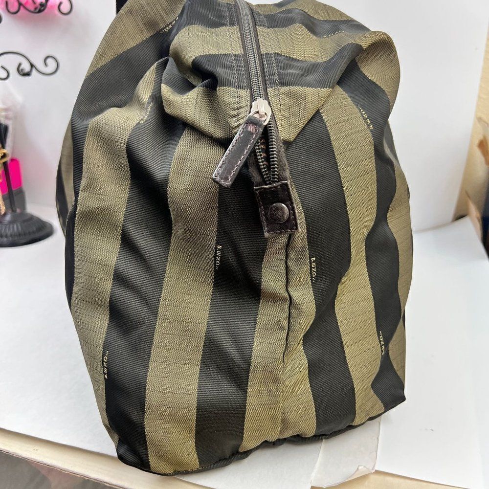Auth Fendi Logo Weekender Overnight Pequin Stripe Bag Olive Canvas - Picture 3 of 16
